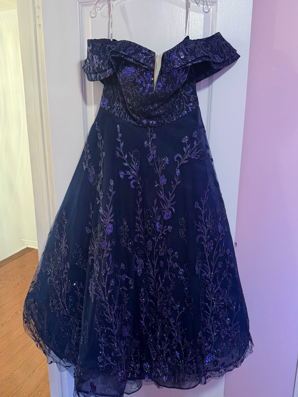 Off-Shoulder Navy Maxi Dress with Purple Embroidered Floral Detail